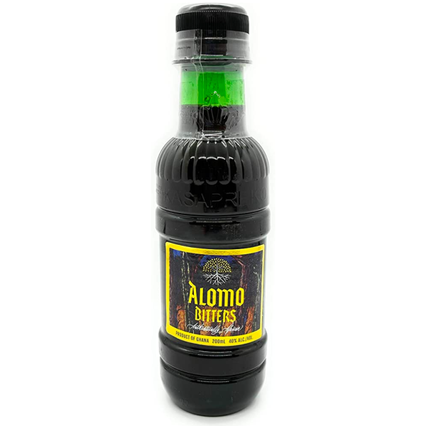 "Alomo Bitters 200ml bottle with a green and yellow label. The bottle is filled with a dark liquid and has a yellow screw-on cap. The label features an image of a plant and states 'Alomo Bitters Herbal Mixture with Aloe Vera'."