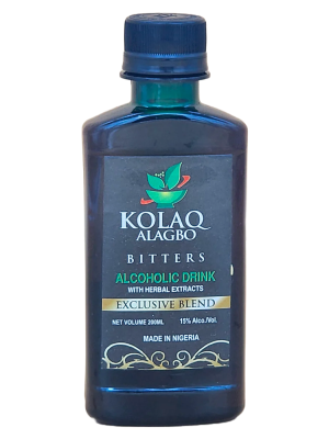 amber-coloured bottle of Kolaq Alagbo Bitters, with a white label featuring the brand name and product information. The bottle has a gold-coloured cap and is shown against a plain background.